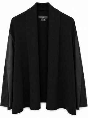 Vince Women’s S Black Wool Yak Lamb Leather Sleeve Open Cardigan Sweater